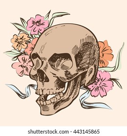 Skull and flowers hand drawing sketch. DÃ?Â­a de Muertos. Day of the Dead. Vector illustration. 