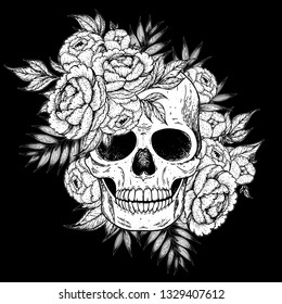 Skull and flowers hand drawn illustration. Tattoo vintage print. Skull sketch.