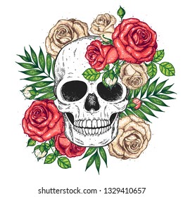 Skull and flowers hand drawn illustration. Tattoo vintage print. Skull and roses.