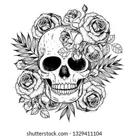 Skull and flowers hand drawn illustration. Tattoo vintage print. Skull and roses.