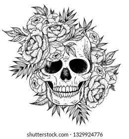 Skull and flowers hand drawn illustration. Tattoo vintage print. Skull sketch.