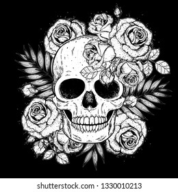 Skull and flowers hand drawn illustration. Tattoo vintage print. Skull and roses.