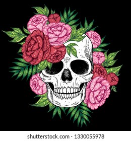 Skull and flowers hand drawn illustration. Tattoo vintage print. Floral skull.