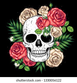 Skull and flowers hand drawn illustration. Tattoo vintage print. Skull and roses.