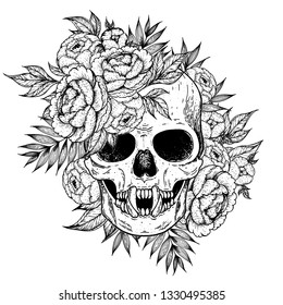 Skull and flowers hand drawn illustration. Tattoo vintage print. Vampire skull sketch.