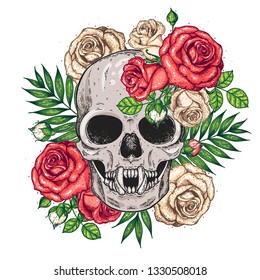 Skull and flowers hand drawn illustration. Tattoo vintage print. Vampire skull and roses.