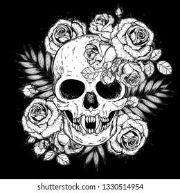 Skull and flowers hand drawn illustration. Tattoo vintage print. Vampire skull and roses.