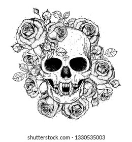 Skull and flowers hand drawn illustration. Tattoo vintage print. Vampire skull and roses. 