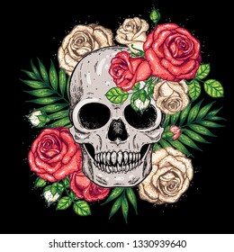 Skull and flowers hand drawn illustration. Tattoo vintage print. Carnivore skull and roses.