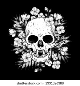 Skull and flowers hand drawn illustration. Tattoo vintage print. Vampire skull sketch.