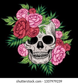 Skull and flowers hand drawn illustration. Tattoo vintage print. Floral vampire skull.