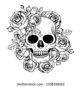 Skull and flowers hand drawn illustration. Tattoo vintage print. Carnivore skull and roses.