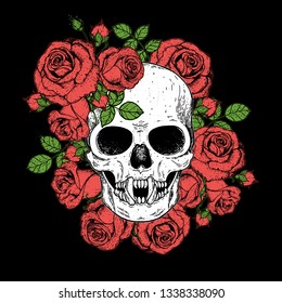 Skull and flowers hand drawn illustration. Tattoo vintage print. Skull and red roses.