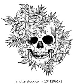 Skull and flowers hand drawn illustration. Tattoo vintage print. Carnivore skull sketch.  Floral print.