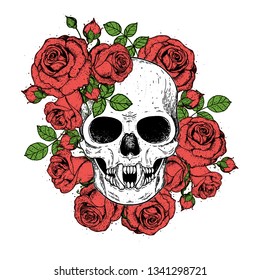 Skull and flowers hand drawn illustration. Tattoo vintage print. Skull and red roses. Floral print.