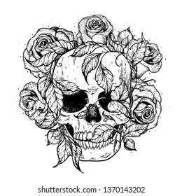 Skull and flowers hand drawn illustration. Tattoo vintage print. Skull and roses. Floral print.