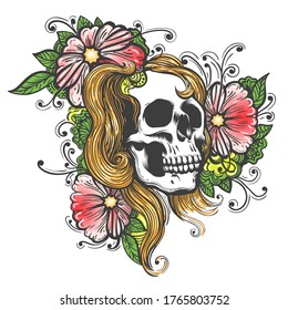 Ilustración dibujada a mano con cráneo y flores. Tatuaje vintage. Ilustración vectorial.