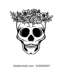 Skull with flowers hand drawn illustration.	