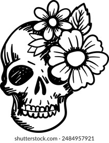 Skull and flowers hand drawn illustration. Floral skull vector