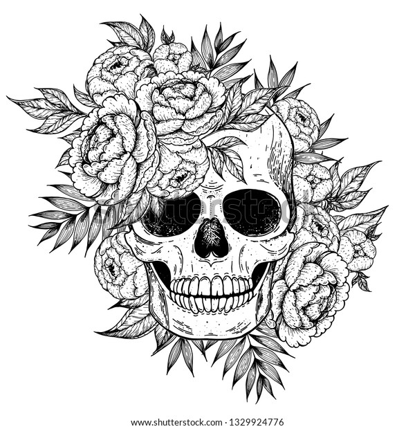 Skull Flowers Hand Drawn Illustration Tattoo Stock Vector (Royalty Free ...