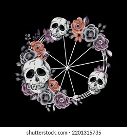 Skull and flowers hand drawn sketch illustration. Tattoo vintage print. Flowers, roses and skull vector illustration. Sketch print. Eps 10