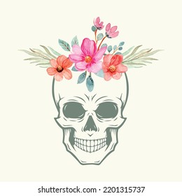 Skull and flowers hand drawn sketch illustration. Tattoo vintage print. Flowers, roses and skull vector illustration. Sketch print. Eps 10