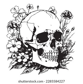 Skull in flowers hand drawn sketch illustration