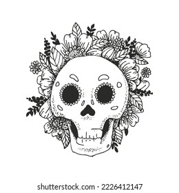 Skull, flowers and herbs vector outline illustration for wallpaper, pattern fills, web page background, surface textures.
