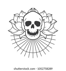 Skull and flowers illustration for tattoo, t-shirt design