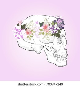 Skull with Flowers isolated on a violet gradient background. Day of the Dead Sugar Skull.