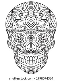 Calavera con flores y hojas dibujadas en un fondo blanco para colorear, vector, Día de los Muertos, Festival Mexicano.