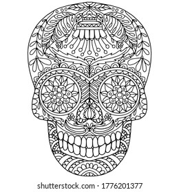 skull with flowers and leaves in folk style drawn on a white background for coloring, vector, day of the dead