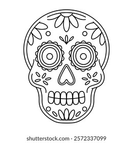 A skull with flowers and leaves on it. The skull is drawn in black and white, vector coloring page