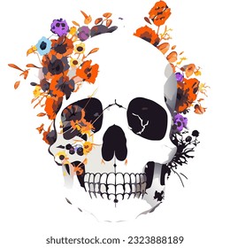 Calavera con flores y hojas sobre un fondo blanco. Ilustración vectorial.