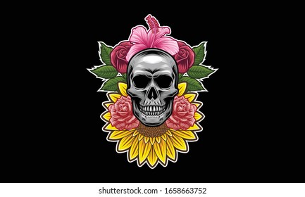 Skull with flowers and leaves vector illustration isolated on black background