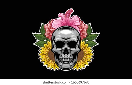 Skull with flowers and leaves vector illustration isolated on black background