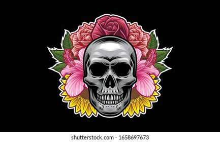 Skull with flowers and leaves vector illustration isolated on black background