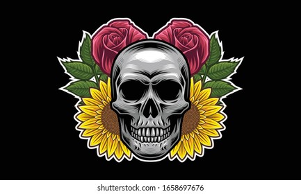 Skull with flowers and leaves vector illustration isolated on black background