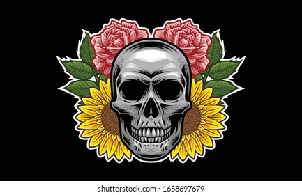 Skull with flowers and leaves vector illustration isolated on black background