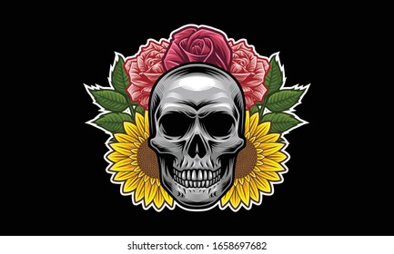 Skull with flowers and leaves vector illustration isolated on black background