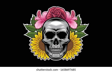 Skull with flowers and leaves vector illustration isolated on black background