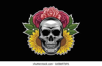 Skull with flowers and leaves vector illustration isolated on black background