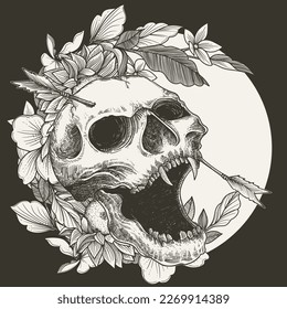 Skull with flowers and leaves. Vector illustration in sketch style.
