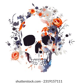 Calavera con flores y hojas. Ilustración vectorial para su diseño.