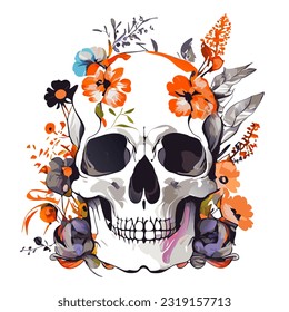 Skull with flowers and leaves. Vector illustration of a skull.