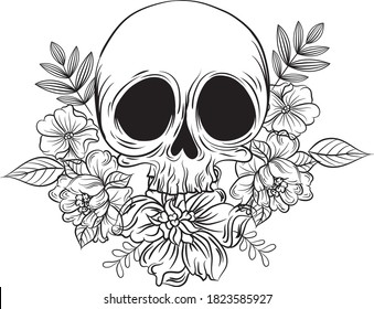 Skull Flowers Linear Art Doodle Vector Stock Vector (Royalty Free ...