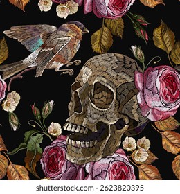 Skull and flowers. Medieval art. gothic embroidery style. Seamless pattern. Bird ans pink roses. Dark fashion spring floral template for clothes, t-shirt design
