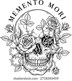 Cráneo con flores memento mori Ilustración vectorial para filosofía estoica y diseño de cita latina