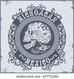 Skull flowers Mexico typography, t-shirt graphics / Vintage effects are easily removable.