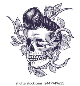 Skull with flowers monochrome emblem with skeleton head and wild roses for halloween decoration design vector illustration